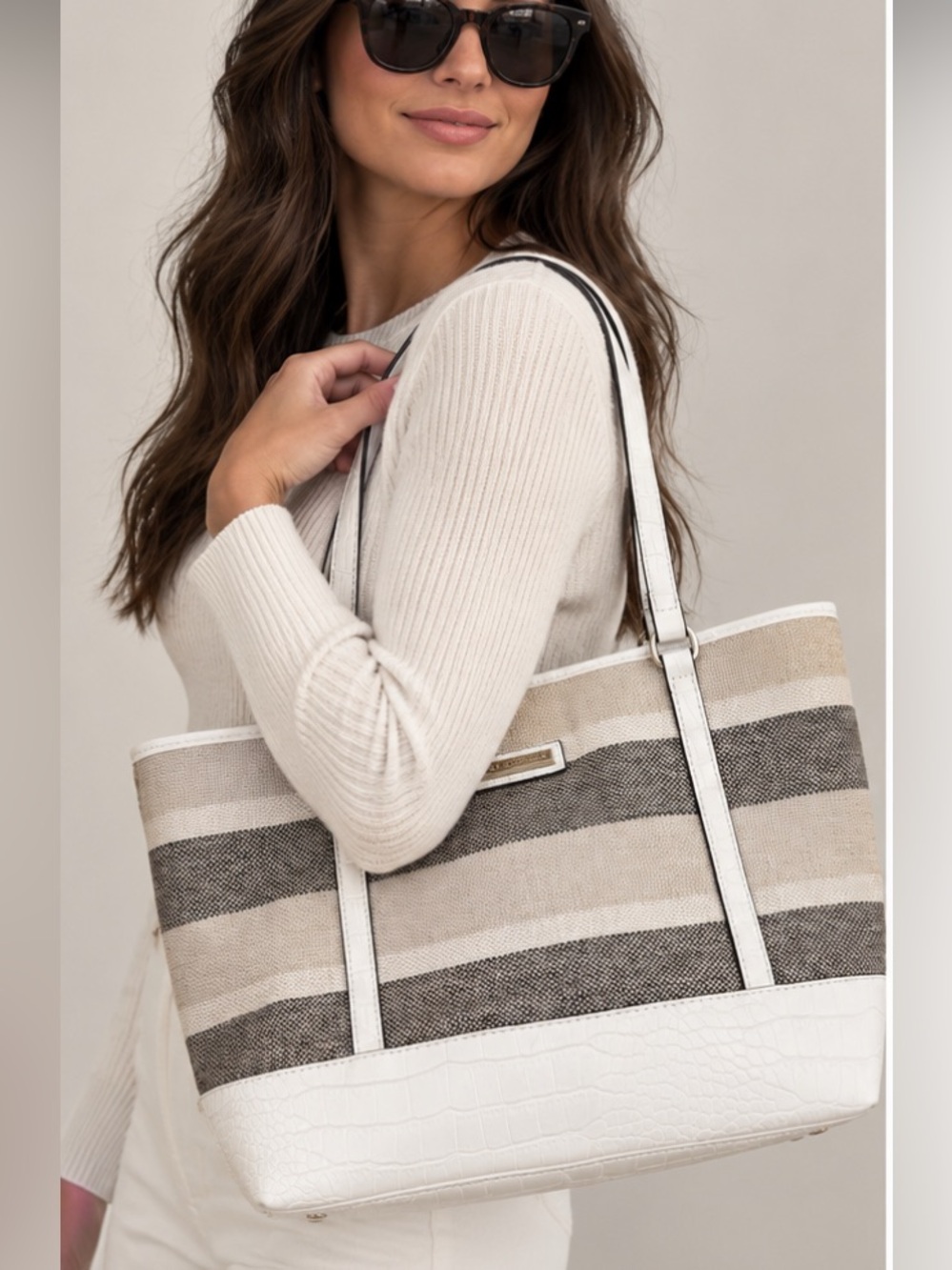 Dana Buchman Neutral Striped Canvas Tote with White Trim NWOT